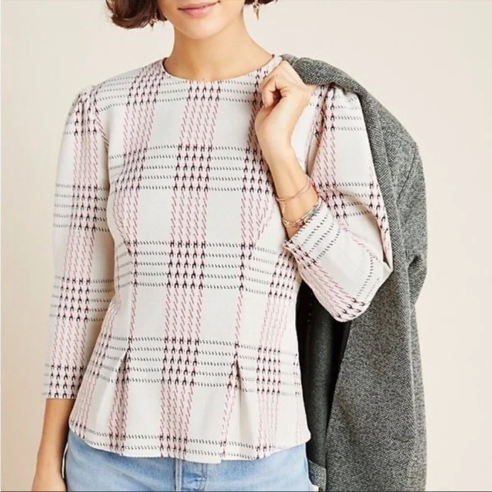 Anthropologie Dolan Structured Houndstooth Plaid Pullover Textured Top Medium